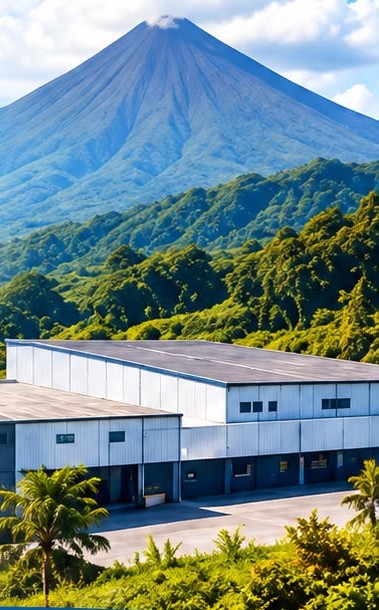 Volcán y planta industrial en Costa Rica